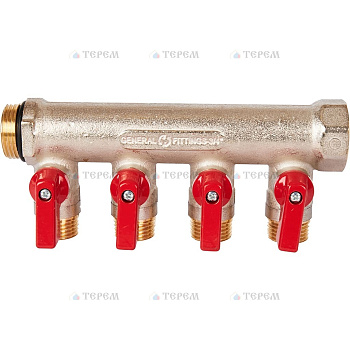STOUT SMB 6210 341204 STOUT Коллектор с шаровыми кранами 3/4", 4 отвода 1/2" (красные ручки)