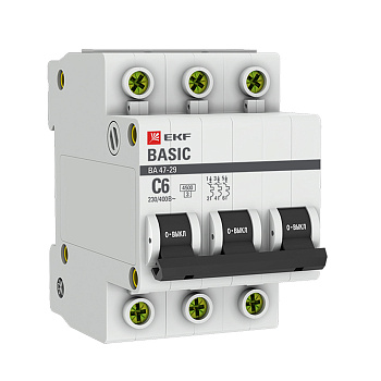 Автоматический выключатель EKF (mcb4729-3-06C) 3P 6А тип С 4,5 кА 400 В на DIN-рейку