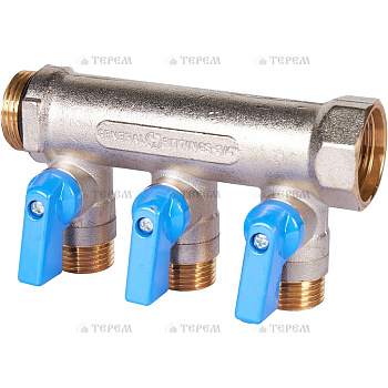 STOUT SMB 6211 341203 STOUT Коллектор с шаровыми кранами 3/4", 3 отвода 1/2" (синие ручки)