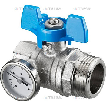 OVENTROP  Кран шаровой Oventrop  муфтовый BP 3/4" х НР 1" с термометром 0-80°C , с синей ручкой бабочкой