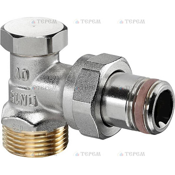 OVENTROP  Вентиль Combi 2, угловой, DN-15, 3/4", 1/2", Н ЕК-Н, PN, бар-10, T°C -от +2 до +120, латунь, никелированный, НГ со штуцером, предварительная настройка, отключение