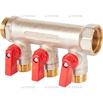 STOUT SMB 6210 341203 STOUT Коллектор с шаровыми кранами 3/4", 3 отвода 1/2" (красные ручки)